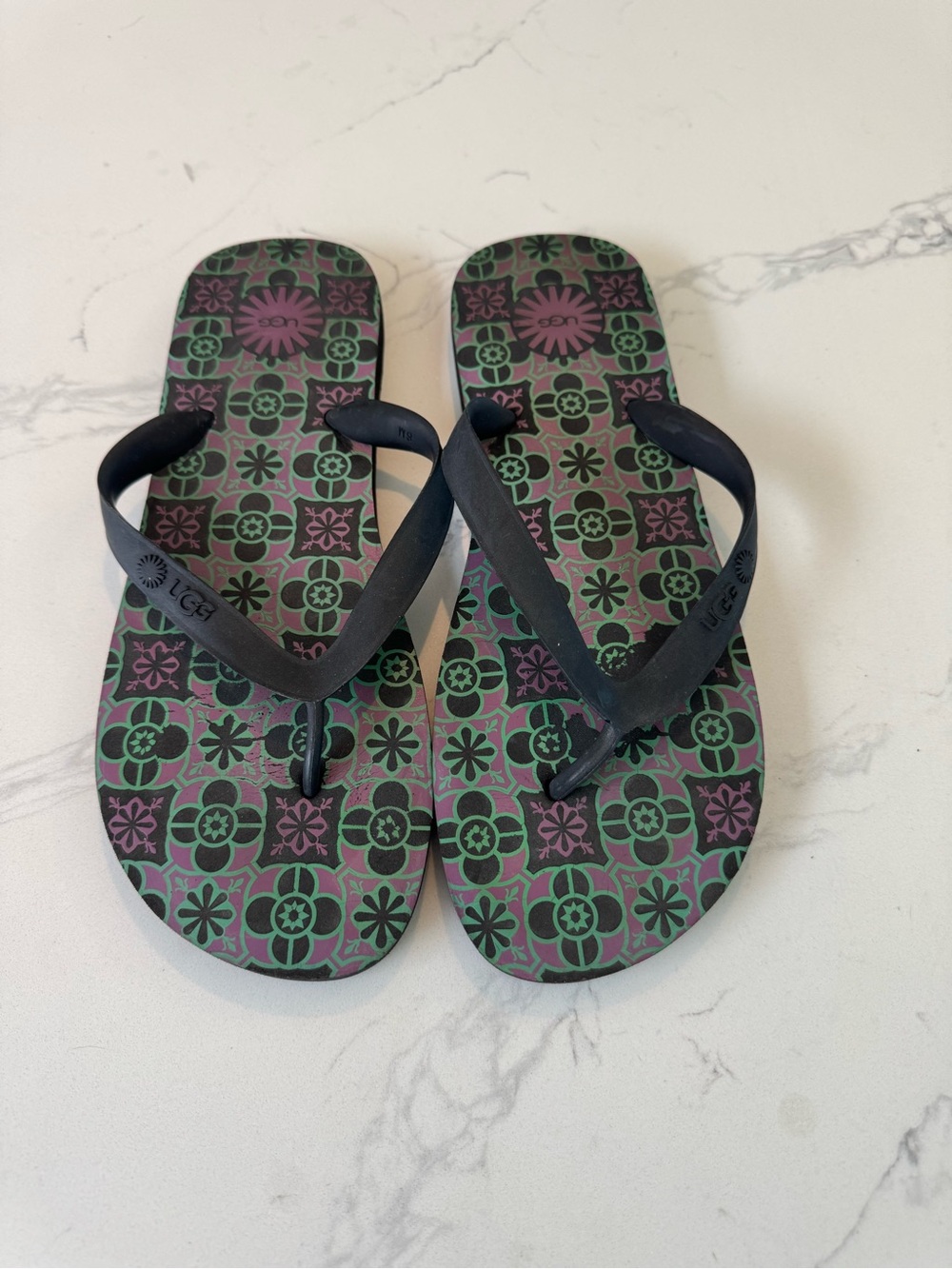 UGG Black-Strap Flip Flops with Pink & Green Floral Print